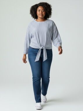 Only - Blue and White Striped Tie-Front Long Sleeve Top